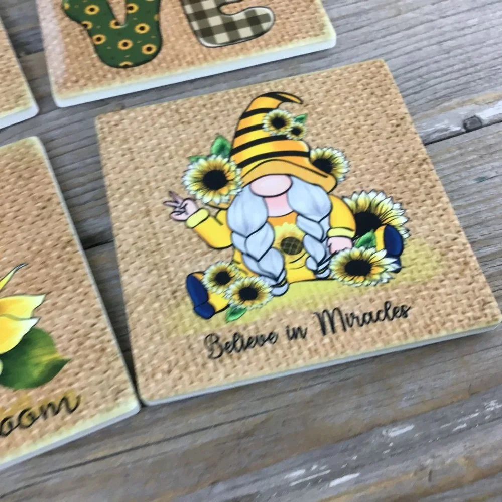 Sunflower Gnome Sandstone Coasters Set of 4